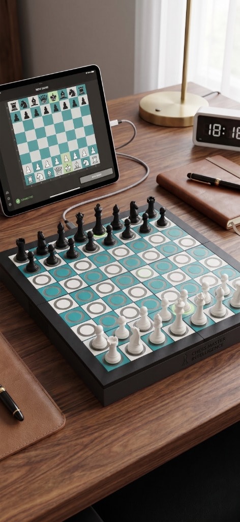 Makura Gambit smart chess board on a premium walnut desk, connected to a tablet showing the companion app